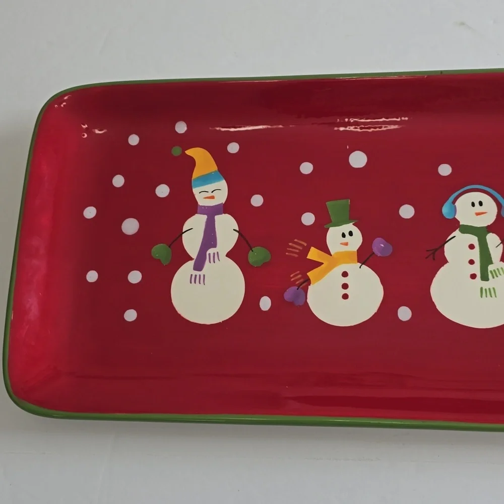Pier 1 Retired Snowman Family Serving Platter Handpainted Dolomite Red 18.5